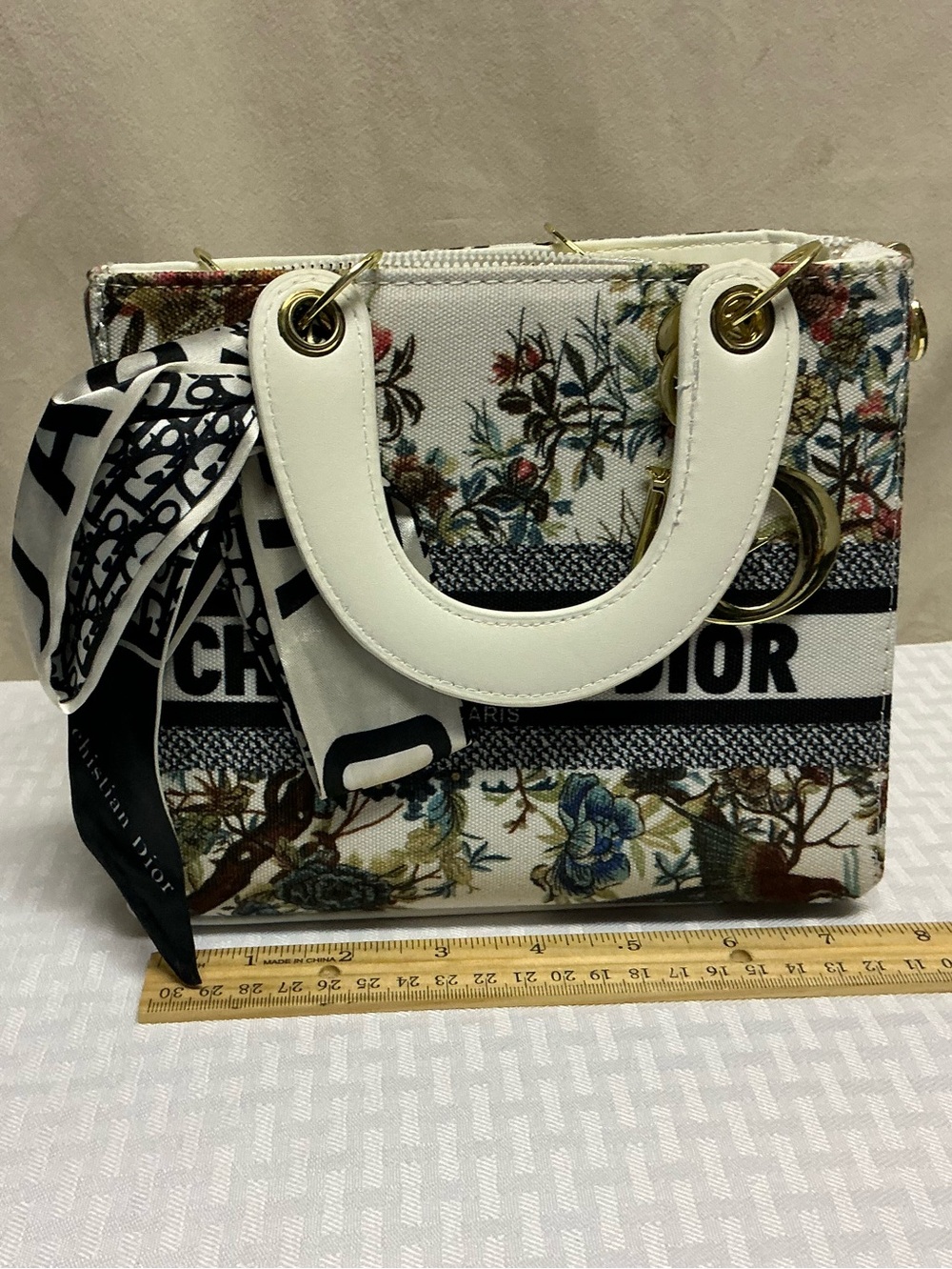 Floral Canvas Tote with White Handles and Black Scarf Accent